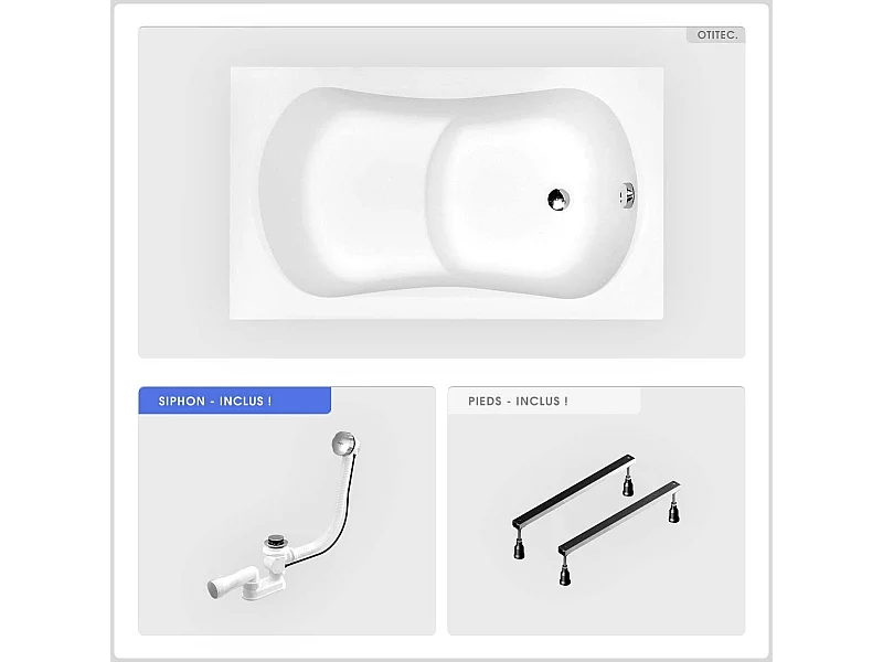 Baignoire rectangulaire - 120 x 70 cm - sans Habillage - avec Pieds - Poignées - Vidage Chrome - ARIA REHAB