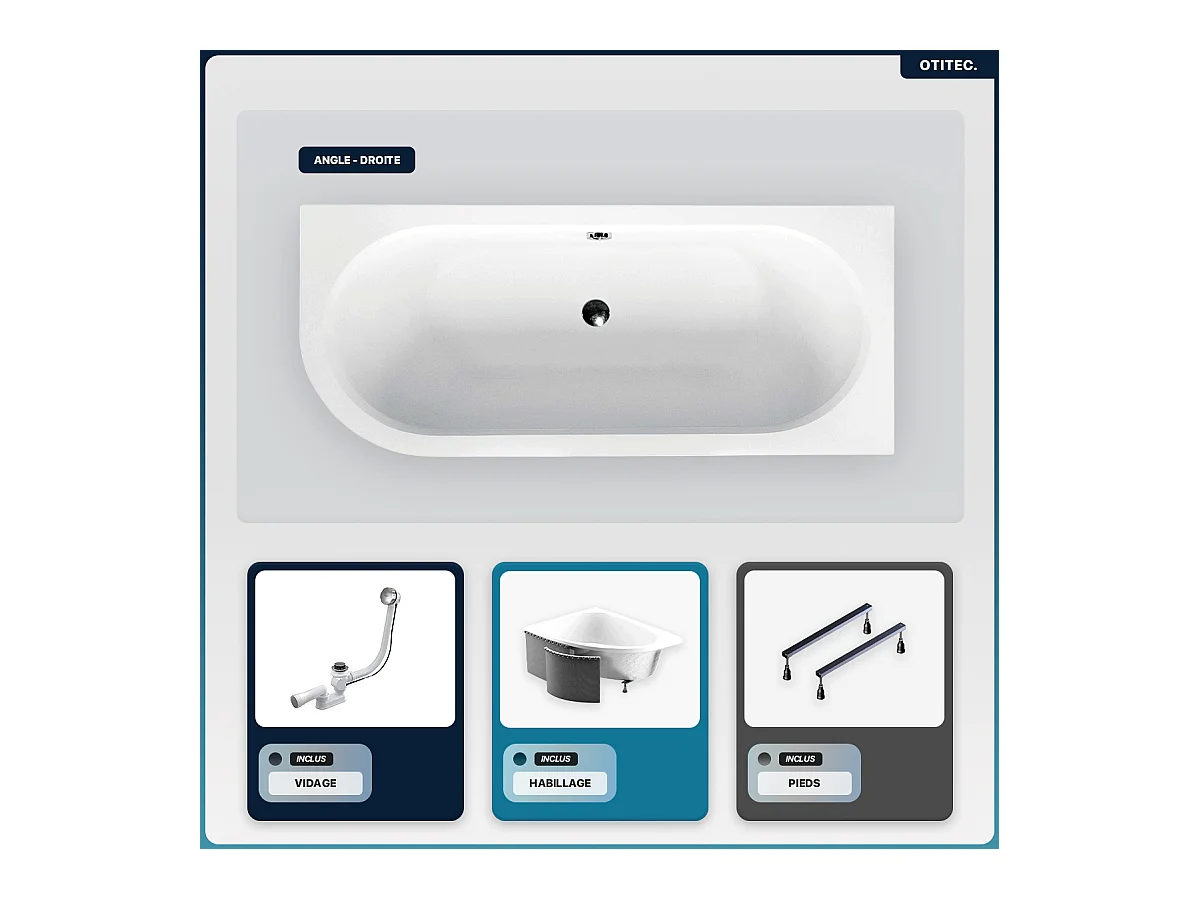 Baignoire asymétrique - 160 x 75 cm - Droite - avec Habillage - Pieds - Vidage Chrome - AVITA