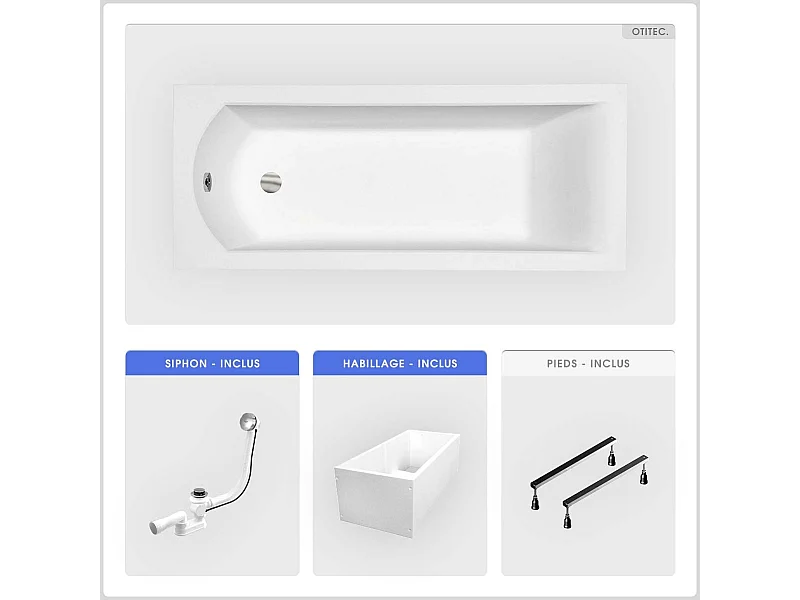 Baignoire rectangulaire - 140 x 70 cm - avec Habillage Polystyrène - Pieds - Vidage Chrome - SHEA SLIM