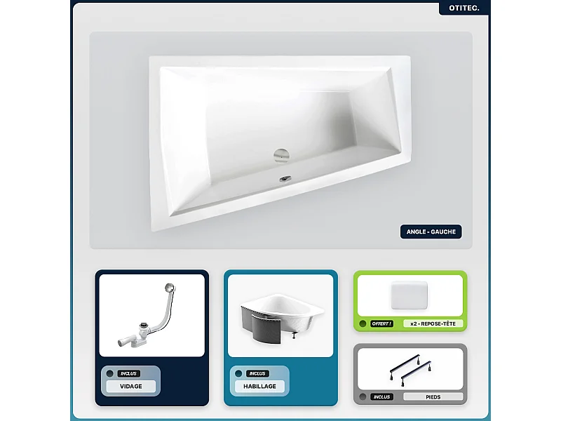 Baignoire asymétrique - 180 x 125 cm - Gauche - avec Habillage - Pieds - 2 Repose-têtes - Vidage Chrome - INTIMA DUO