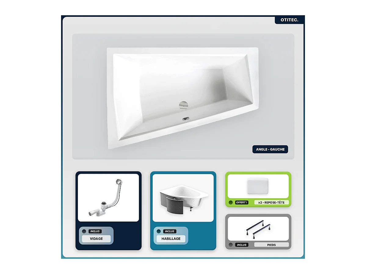 Baignoire asymétrique - 180 x 125 cm - Gauche - avec Habillage - Pieds - 2 Repose-têtes - Vidage Chrome - INTIMA DUO
