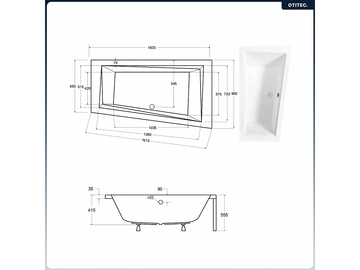 Baignoire asymétrique - 160 x 90 cm - Droite - sans Habillage - avec Pieds - Repose-tête - Vidage Chrome - INTIMA