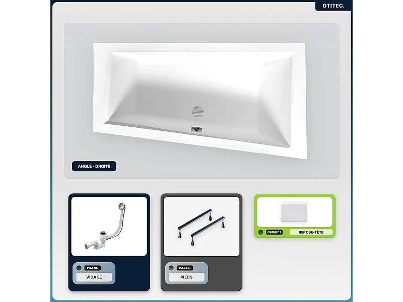 Baignoire asymétrique - 160 x 90 cm - Droite - sans Habillage - avec Pieds - Repose-tête - Vidage Chrome - INTIMA
