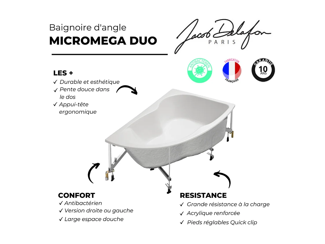 Pack baignoire d'angle 150 x 100 cm JACOB DELAFON Micromega Duo version droite  + tablier de baignoire