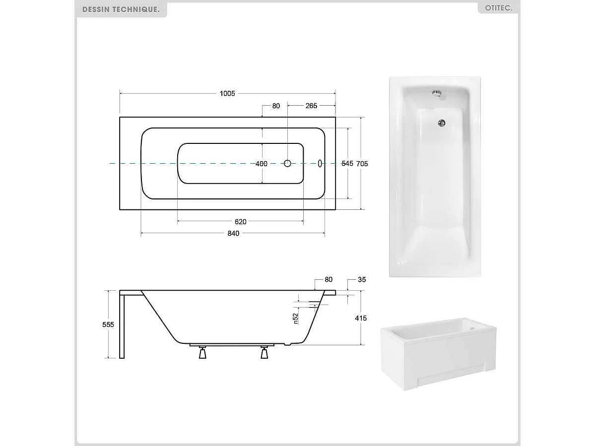 Baignoire rectangulaire - 100 x 70 cm - avec Tablier Blanc - Pieds - Vidage Chrome - TALIA