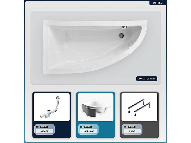 Baignoire asymétrique - 150 x 70 cm - Gauche - avec Habillage - Pieds - Vidage Chrome - PRAKTIKA