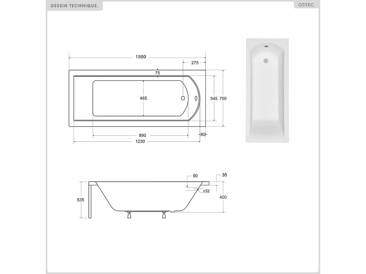 Baignoire rectangulaire - 160 x 70 cm - sans Habillage - avec Pieds - Vidage Chrome - SHEA SLIM