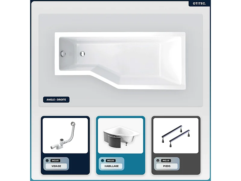 Baignoire asymétrique - 170 x 75 cm - Droite - avec Habillage - Pieds - Vidage Chrome - INTEGRA