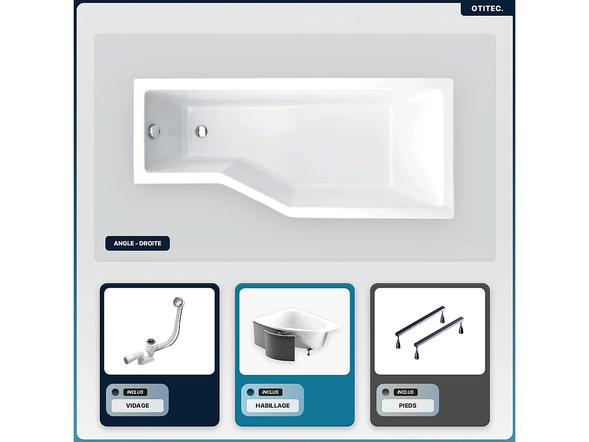 Baignoire asymétrique - 170 x 75 cm - Droite - avec Habillage - Pieds - Vidage Chrome - INTEGRA