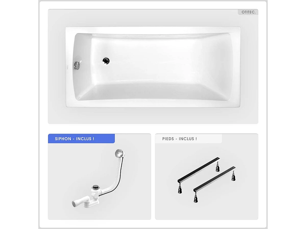 Baignoire rectangulaire - 170 x 70 cm - sans Habillage - avec Pieds - Vidage Chrome - OPTIMA
