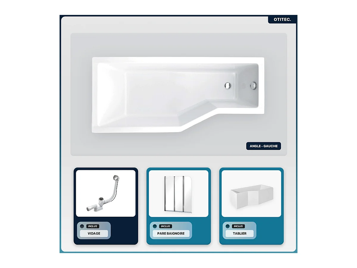 Baignoire asymétrique - 170 x 75 cm - Gauche - avec Tablier - Pieds - Pare Baignoire 3 Volets - Vidage Chrome - INTEGRA