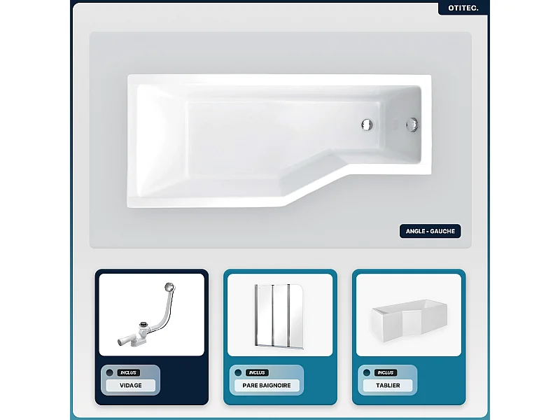 Baignoire asymétrique - 170 x 75 cm - Gauche - avec Tablier - Pieds - Pare Baignoire 3 Volets - Vidage Chrome - INTEGRA