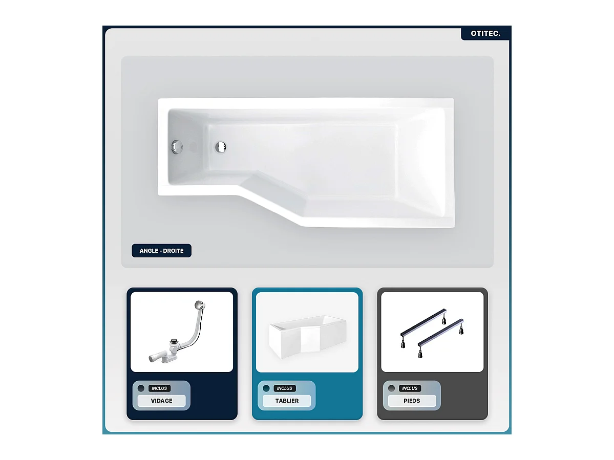 Baignoire asymétrique - 150 x 75 cm - Droite - avec Tablier - Pieds - Vidage Chrome - INTEGRA