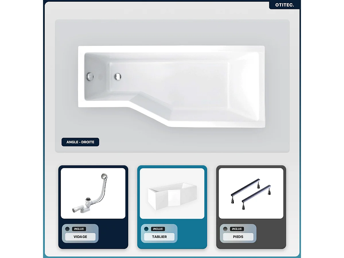 Baignoire asymétrique - 150 x 75 cm - Droite - avec Tablier - Pieds - Vidage Chrome - INTEGRA