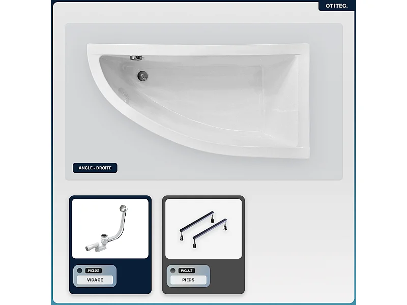 Baignoire asymétrique - 150 x 70 cm - Droite - sans Habillage - avec Pieds - Vidage Chrome - PRAKTIKA