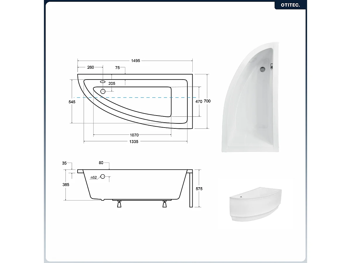 Baignoire asymétrique - 150 x 70 cm - Droite - sans Habillage - avec Pieds - Vidage Chrome - PRAKTIKA