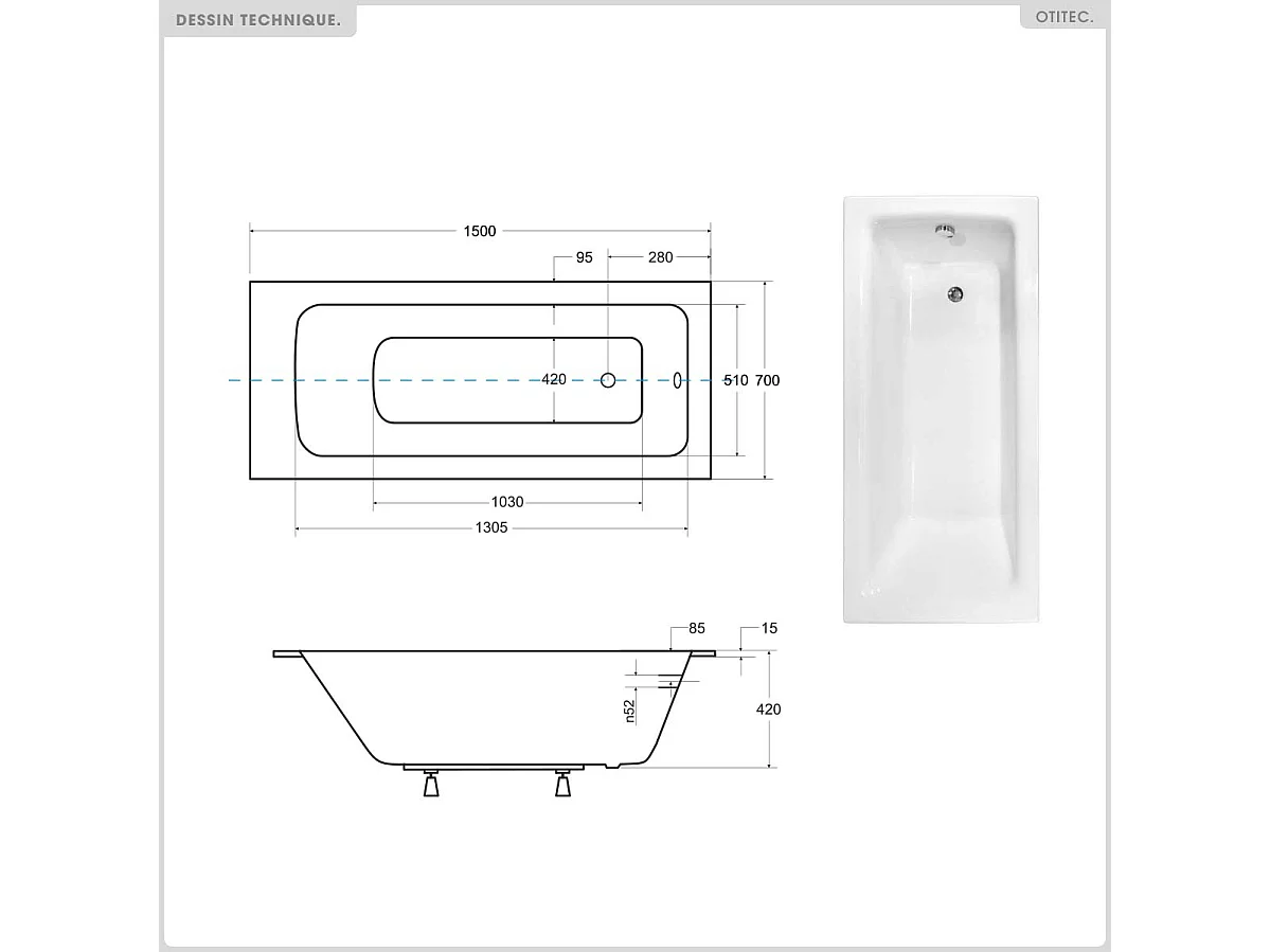 Baignoire rectangulaire - 150 x 70 cm - avec Habillage - Pieds - Vidage Chrome - TALIA SLIM