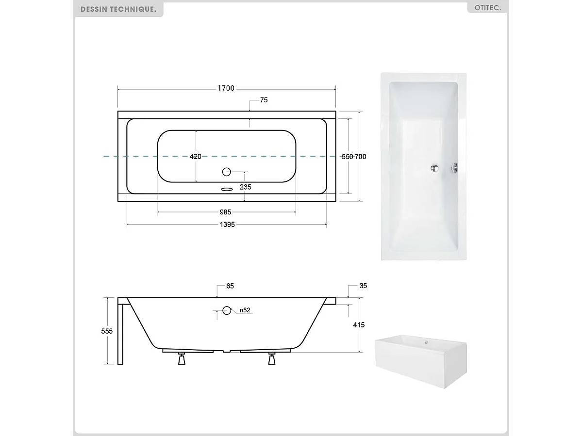Baignoire rectangulaire - 170 x 75 cm - avec Habillage Polystyrène - Pieds - Vidage Chrome - QUADRO