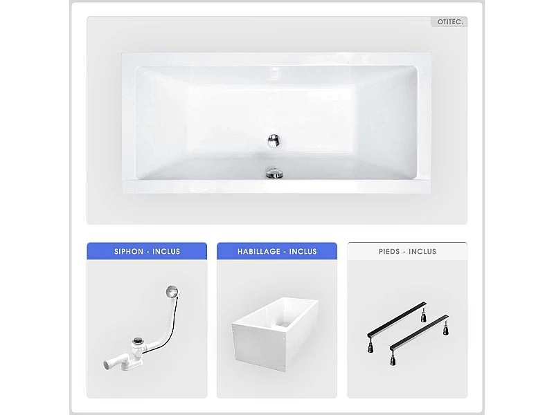 Baignoire rectangulaire - 170 x 75 cm - avec Habillage Polystyrène - Pieds - Vidage Chrome - QUADRO