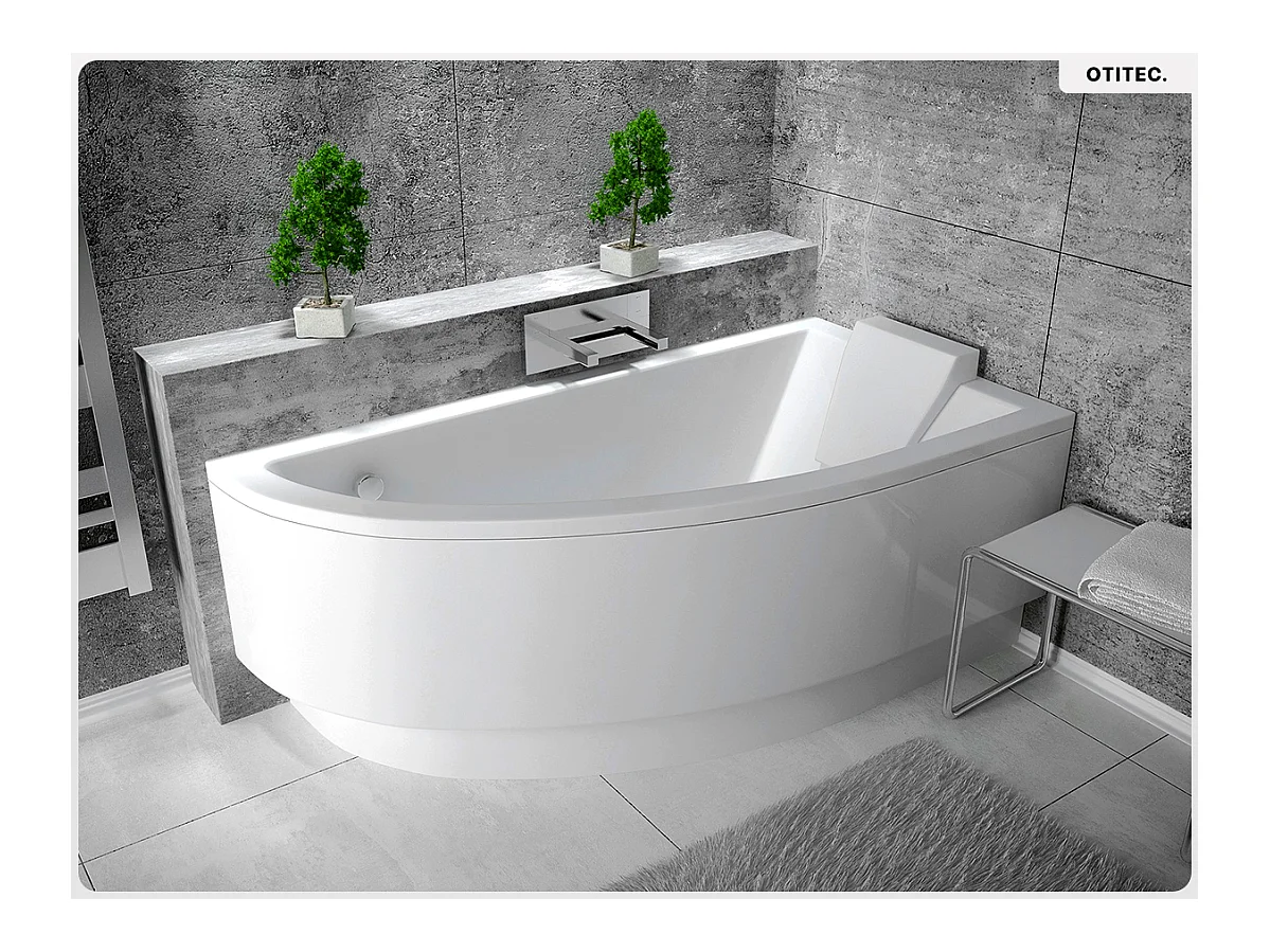 Baignoire asymétrique - 140 x 70 cm - Droite - avec Tablier - Pieds - Vidage Chrome - PRAKTIKA
