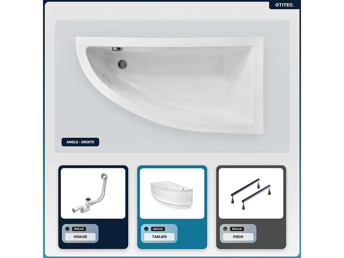 Baignoire asymétrique - 140 x 70 cm - Droite - avec Tablier - Pieds - Vidage Chrome - PRAKTIKA