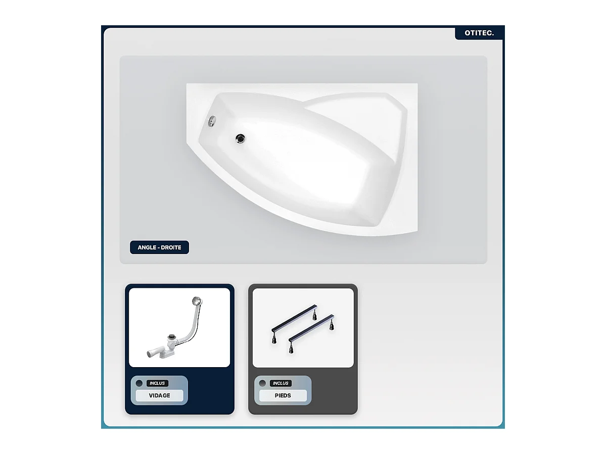 Baignoire asymétrique - 170 x 110 cm - Droite - sans Habillage - avec Pieds - Vidage Chrome - RIMA