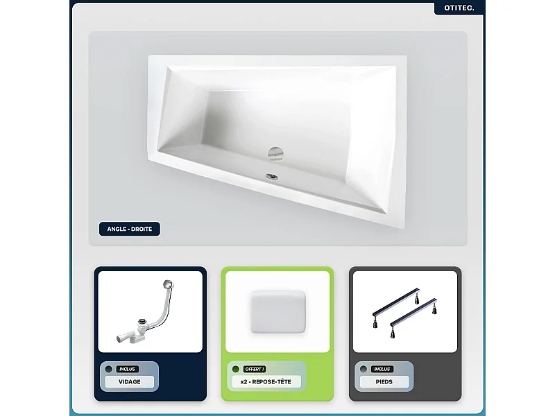 Baignoire asymétrique - 180 x 125 cm - Droite - sans Habillage - avec Pieds - 2 Repose-têtes - Vidage Chrome - INTIMA DUO