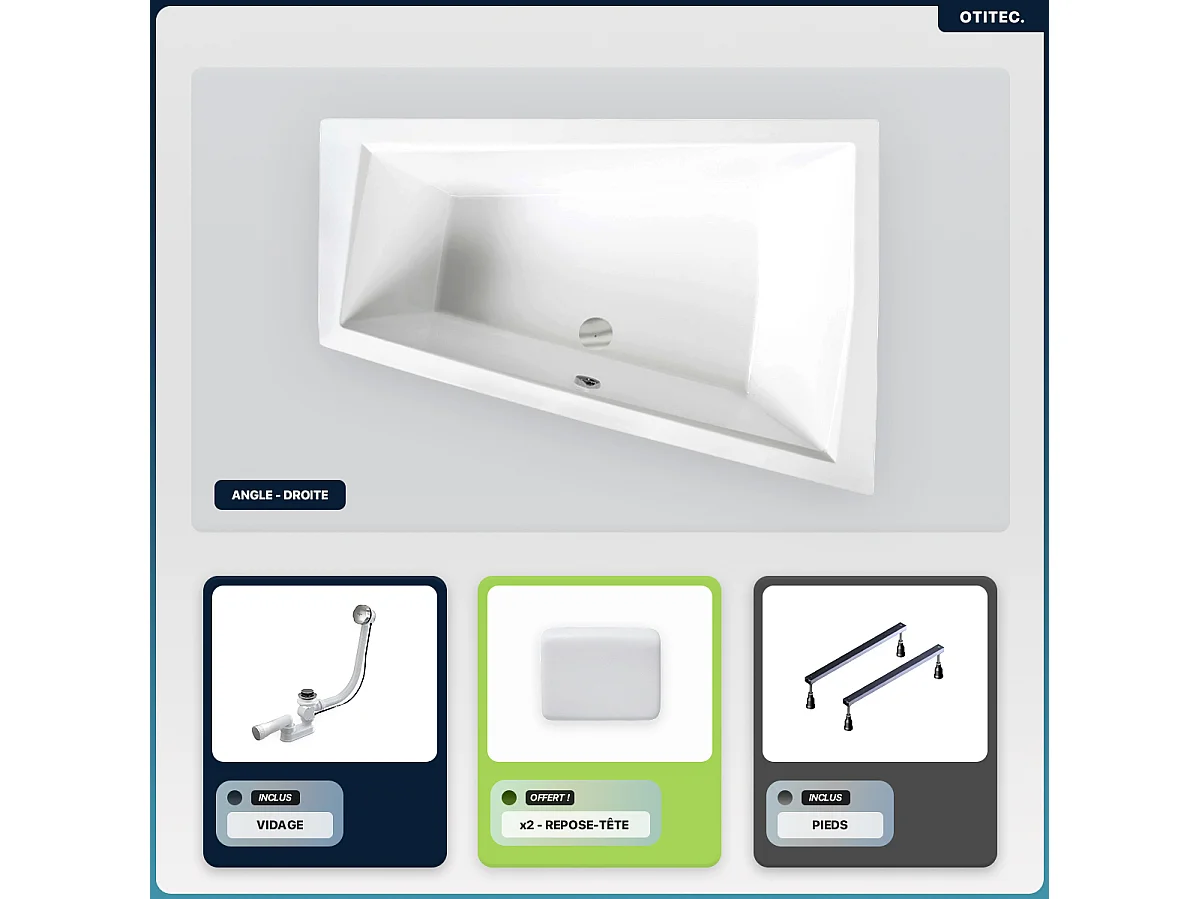 Baignoire asymétrique - 180 x 125 cm - Droite - sans Habillage - avec Pieds - 2 Repose-têtes - Vidage Chrome - INTIMA DUO