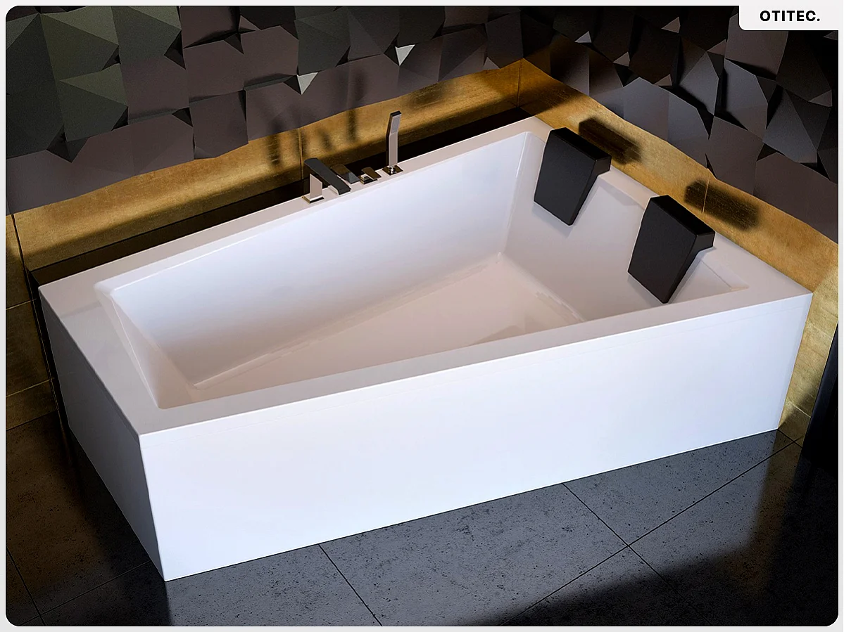 Baignoire asymétrique - 180 x 125 cm - Droite - sans Habillage - avec Pieds - 2 Repose-têtes - Vidage Chrome - INTIMA DUO