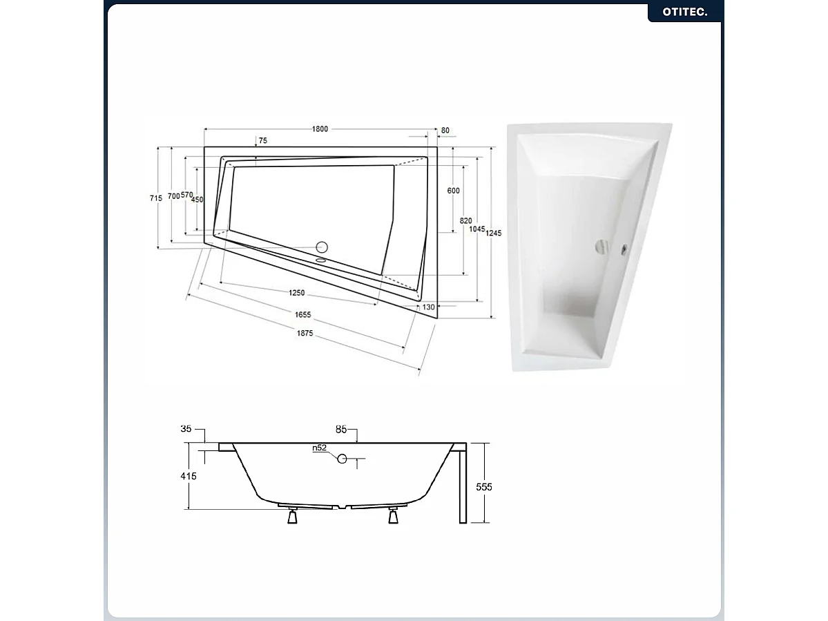 Baignoire asymétrique - 180 x 125 cm - Droite - sans Habillage - avec Pieds - 2 Repose-têtes - Vidage Chrome - INTIMA DUO