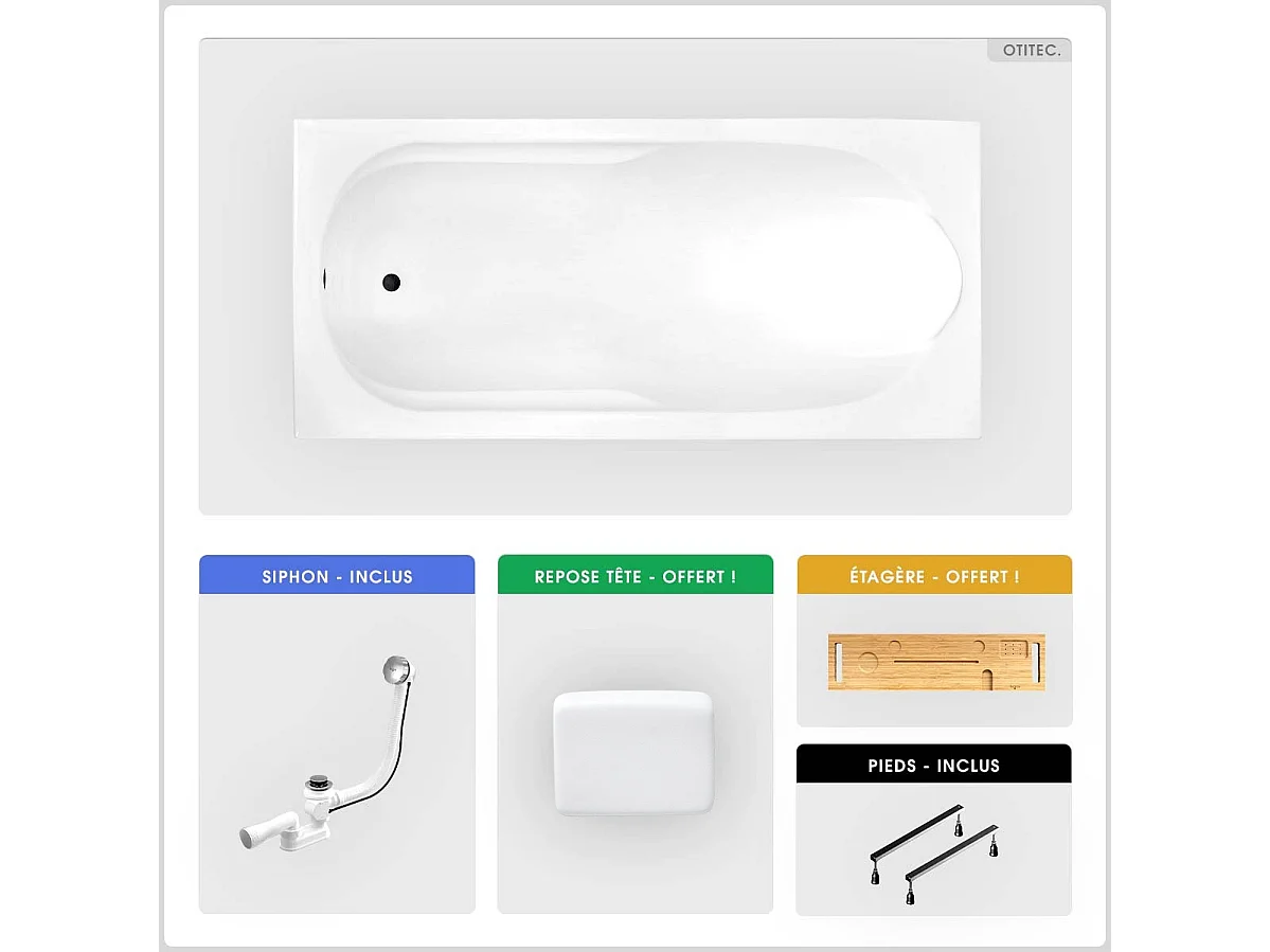 Baignoire rectangulaire - 160 x 70 cm - sans Habillage - avec Pieds - Repose-tête - Étagère bambou - Vidage Chrome - BONA