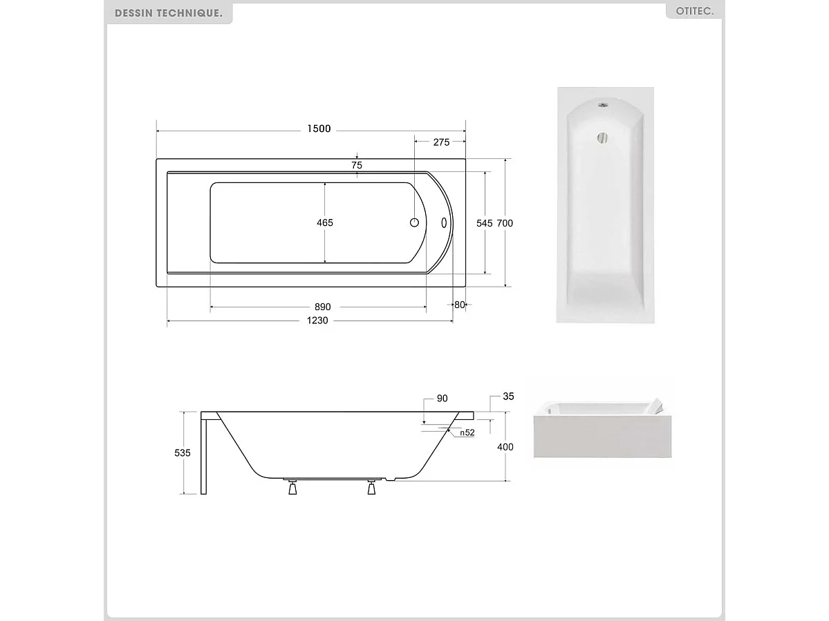 Baignoire rectangulaire - 150 x 70 cm - sans Habillage - avec Pieds - Repose-tête - Étagère bambou - Vidage Chrome - SHEA