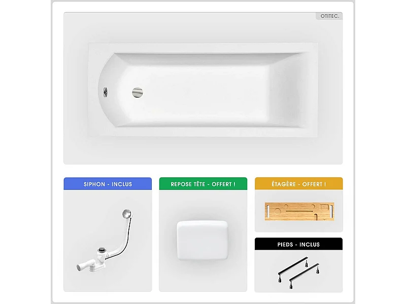 Baignoire rectangulaire - 150 x 70 cm - sans Habillage - avec Pieds - Repose-tête - Étagère bambou - Vidage Chrome - SHEA