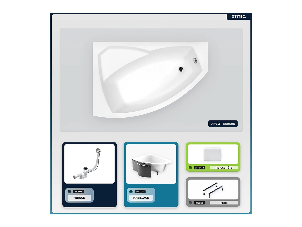 Baignoire asymétrique - 150 x 95 cm - Gauche - avec Habillage - Pieds - Repose-tête - Vidage Chrome - RIMA