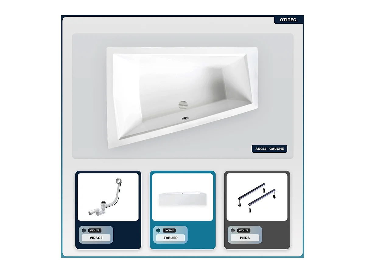 Baignoire asymétrique - 180 x 125 cm - Gauche - avec Tablier - Pieds - Vidage Chrome - INTIMA DUO
