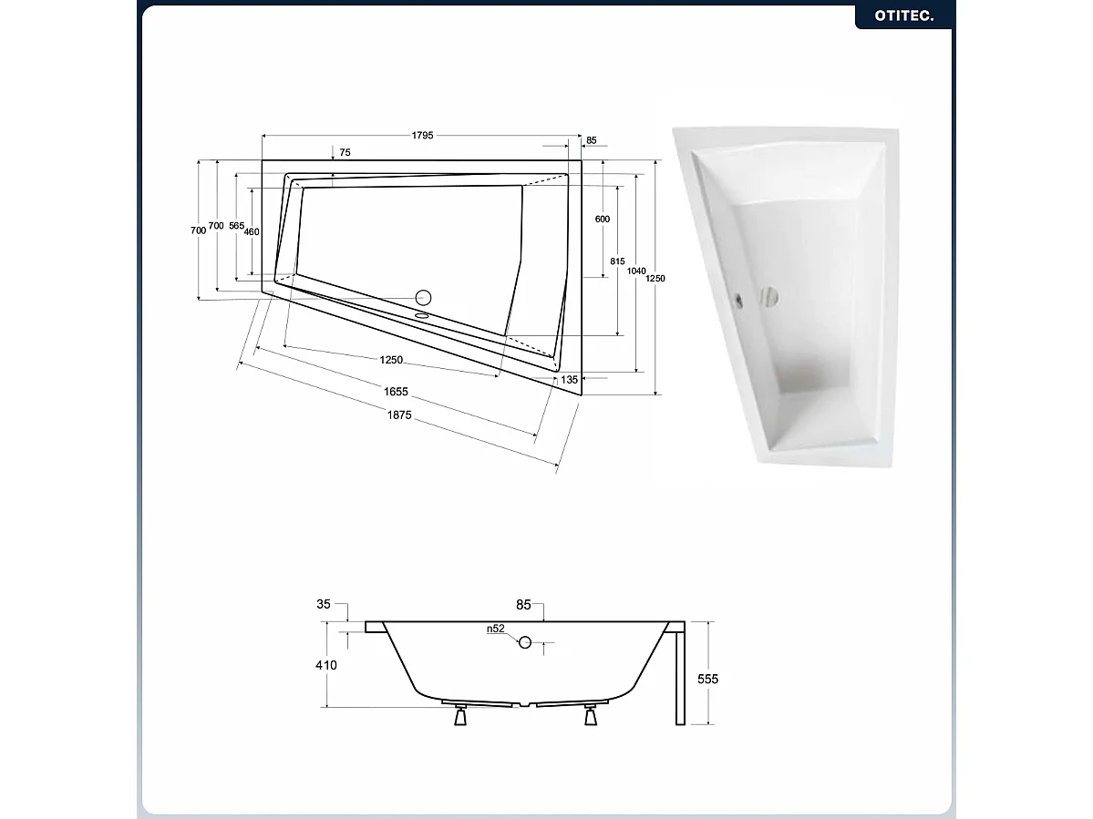 Baignoire asymétrique - 180 x 125 cm - Gauche - avec Tablier - Pieds - Vidage Chrome - INTIMA DUO