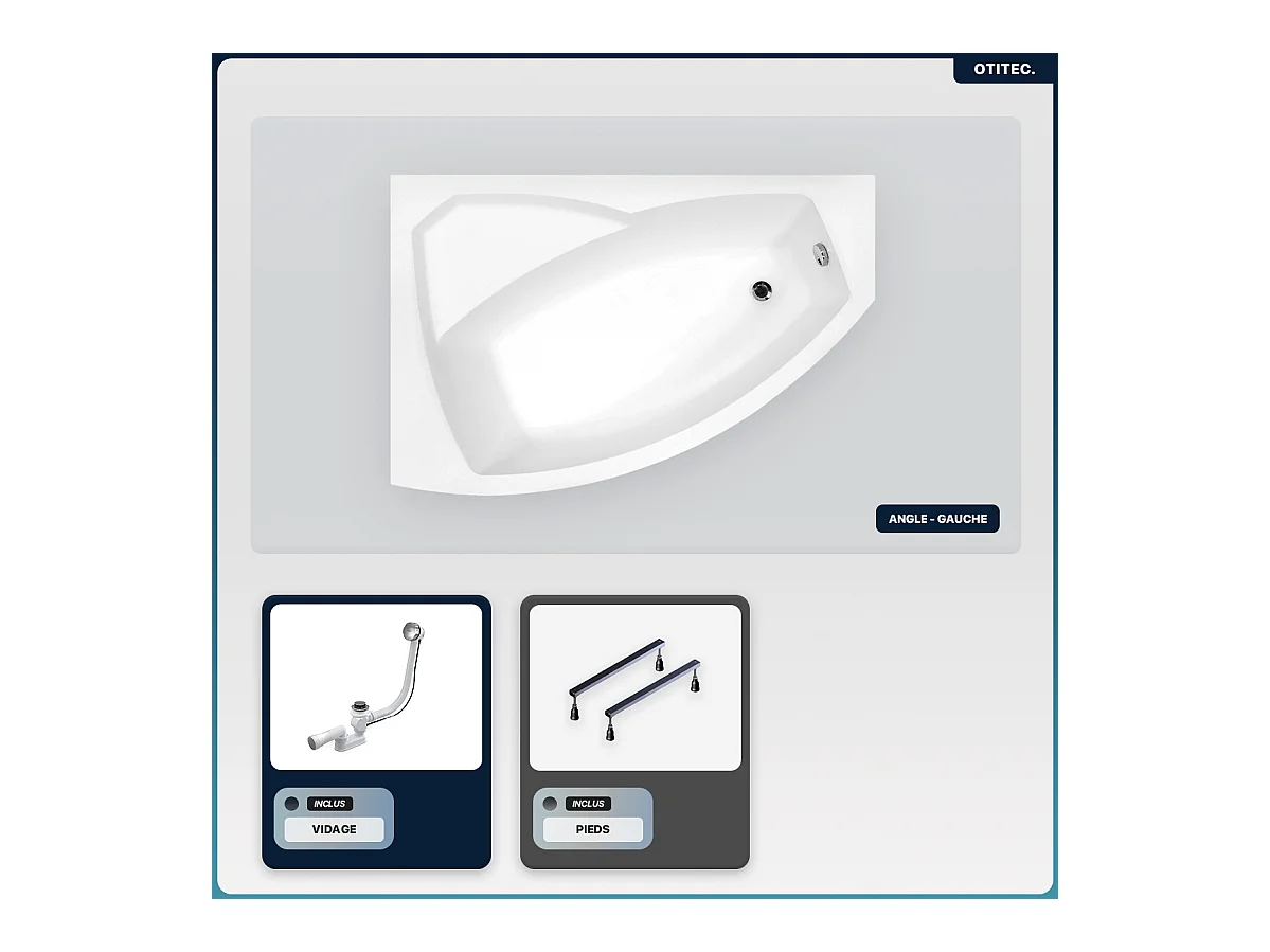 Baignoire asymétrique - 170 x 110 cm - Gauche - sans Habillage - avec Pieds - Vidage Chrome - RIMA