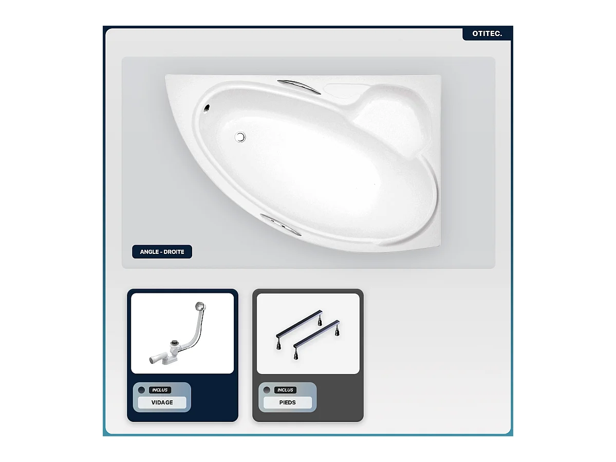 Baignoire asymétrique - 150 x 95 cm - Droite - sans Habillage - avec Pieds - Vidage Chrome - BIANKA