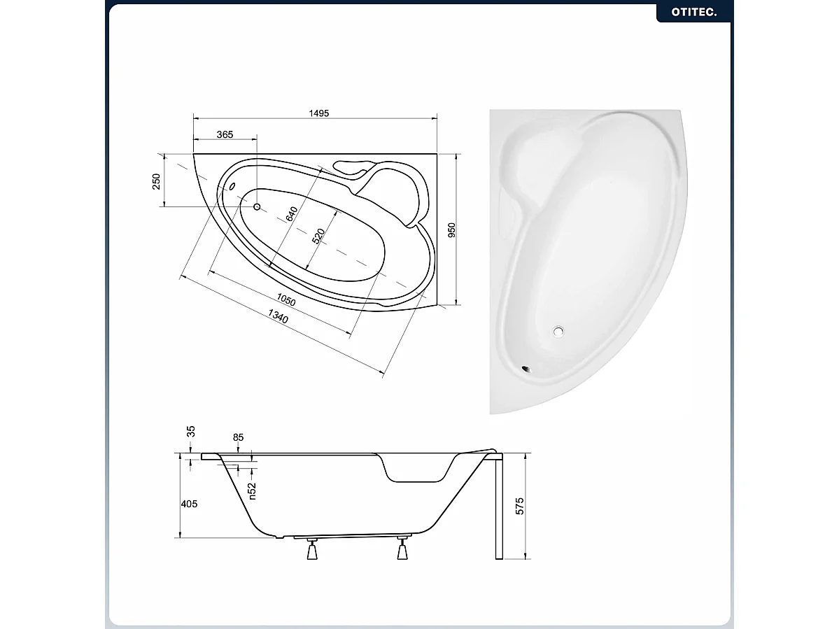 Baignoire asymétrique - 150 x 95 cm - Droite - sans Habillage - avec Pieds - Vidage Chrome - BIANKA