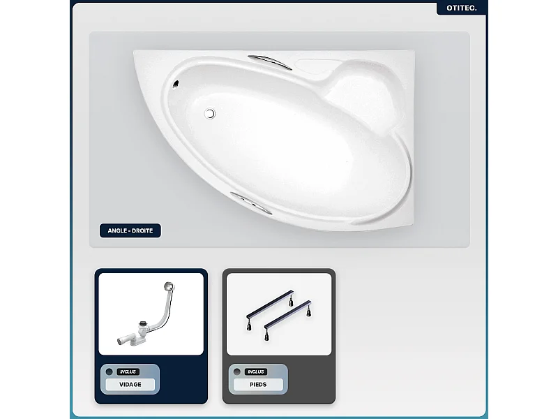Baignoire asymétrique - 150 x 95 cm - Droite - sans Habillage - avec Pieds - Vidage Chrome - BIANKA