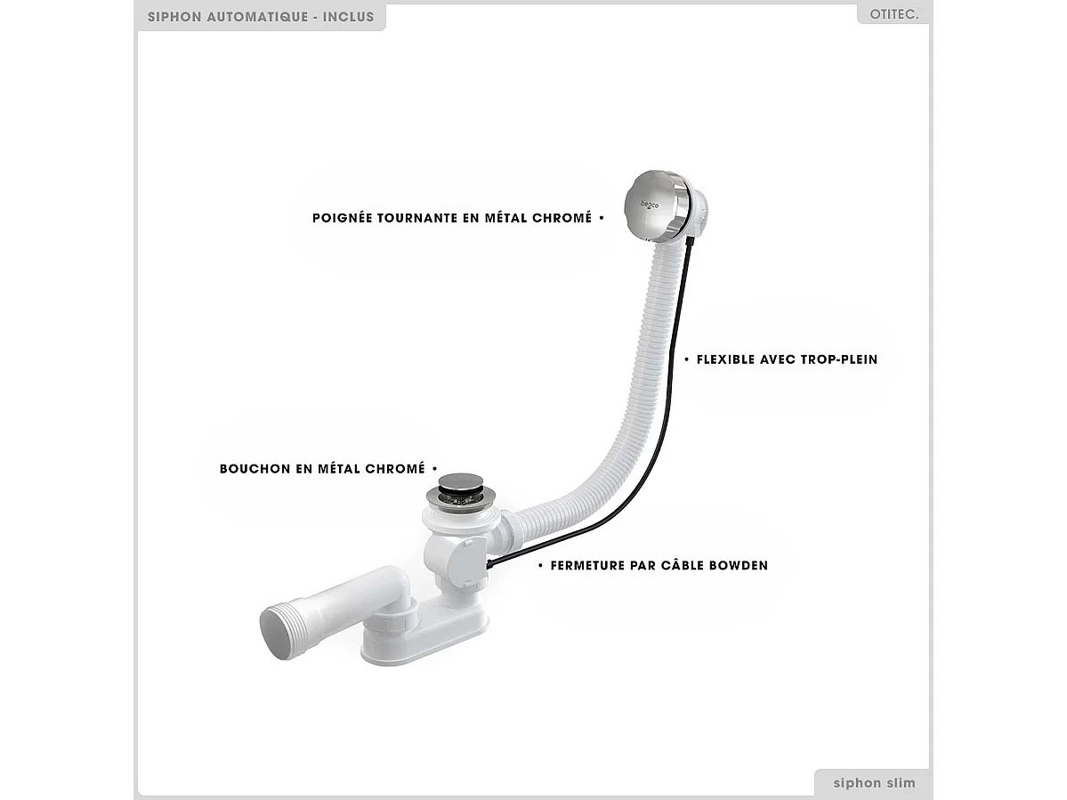 Baignoire rectangulaire - 150 x 75 cm - avec Habillage (4 cm) - Pieds - Vidage Chrome - INTRICA SLIM