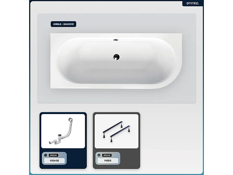 Baignoire asymétrique - 150 x 75 cm - Gauche - sans Habillage - avec Pieds - Vidage Chrome - AVITA SLIM