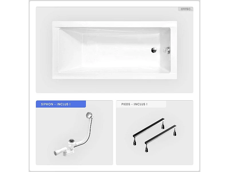 Baignoire rectangulaire - 150 x 70 cm - sans Habillage - avec Pieds - Vidage Chrome - MODERN