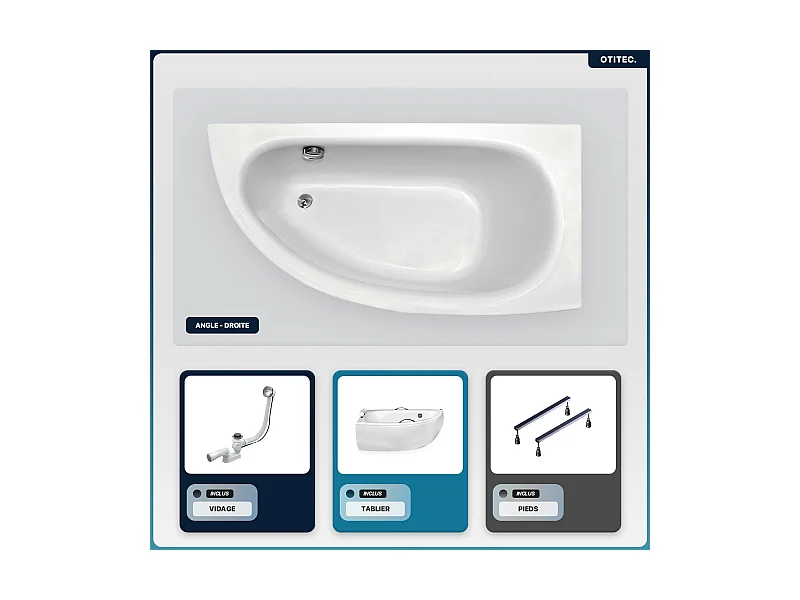 Baignoire asymétrique - 150 x 70 cm - Droite - avec Tablier - Pieds - Poignées - Repose-tête - Vidage Chrome - MILENA PREMIUM