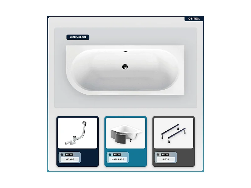 Baignoire asymétrique - 150 x 75 cm - Droite - avec Habillage - Pieds - Vidage Chrome - AVITA SLIM