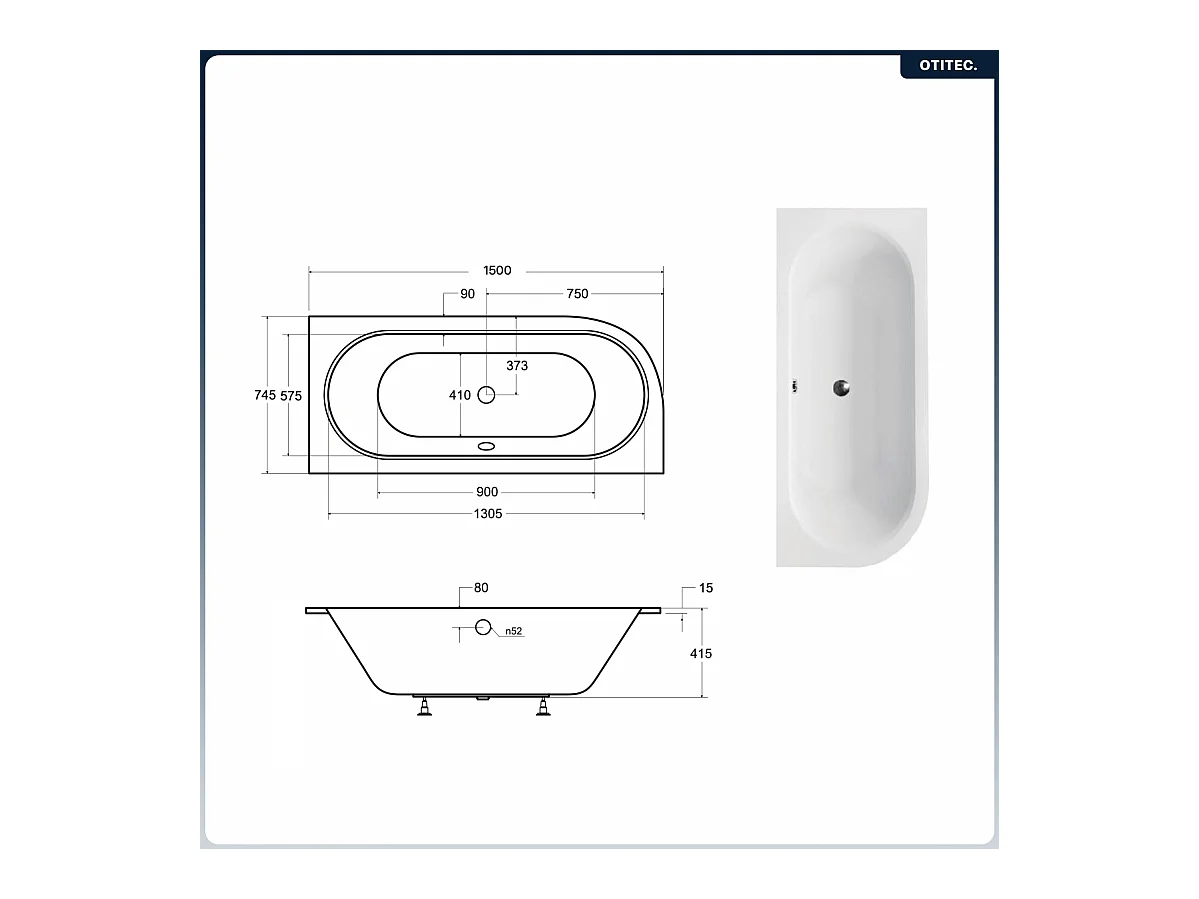 Baignoire asymétrique - 150 x 75 cm - Droite - avec Habillage - Pieds - Vidage Chrome - AVITA SLIM