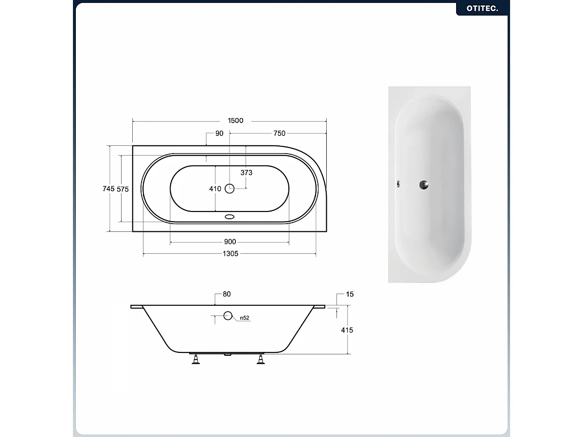Baignoire asymétrique - 150 x 75 cm - Droite - avec Habillage - Pieds - Vidage Chrome - AVITA SLIM