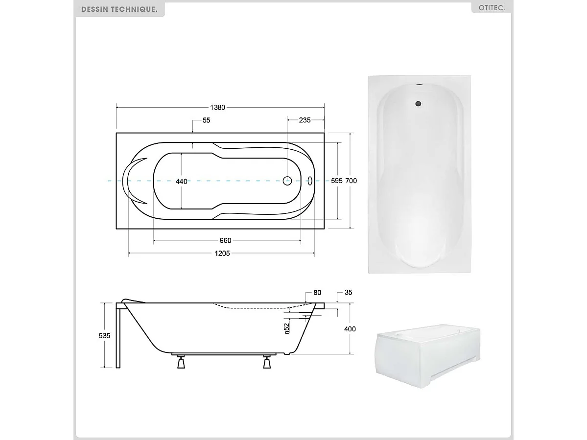 Baignoire rectangulaire - 140 x 70 cm - sans Habillage - avec Pieds - Vidage Chrome - BONA