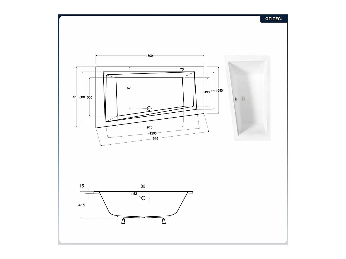 Baignoire asymétrique - 150 x 85 cm - Gauche - sans Habillage - avec Pieds - Vidage Chrome - INTIMA SLIM