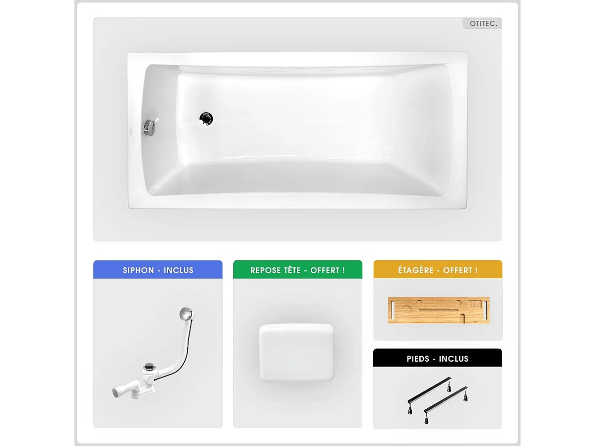 Baignoire rectangulaire - 150 x 70 cm - sans Habillage - avec Pieds - Repose-tête - Étagère bambou - Vidage Chrome - OPTIMA